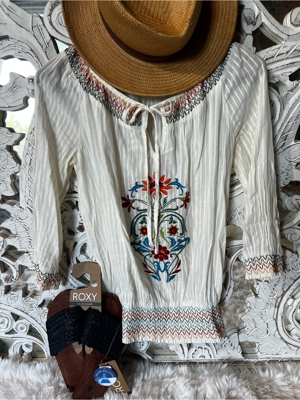 XXI Cream Peasant Blouse with Multicolor Floral Embroidery